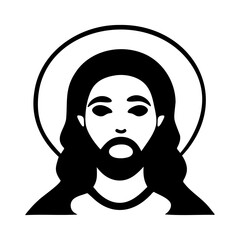 Simple black and white line art of religious figure with halo, designed in a minimalist style for use in spiritual or artistic projects. Vector