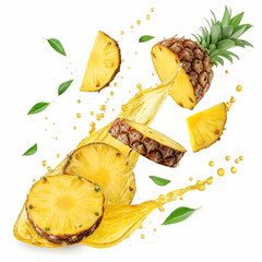 Pineapple slices with juice splashing in the air on a transparent background.