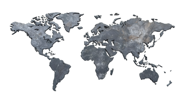 Stone world map isolated on transparent background, ideal for concepts about geology, geography, cartography and global issues