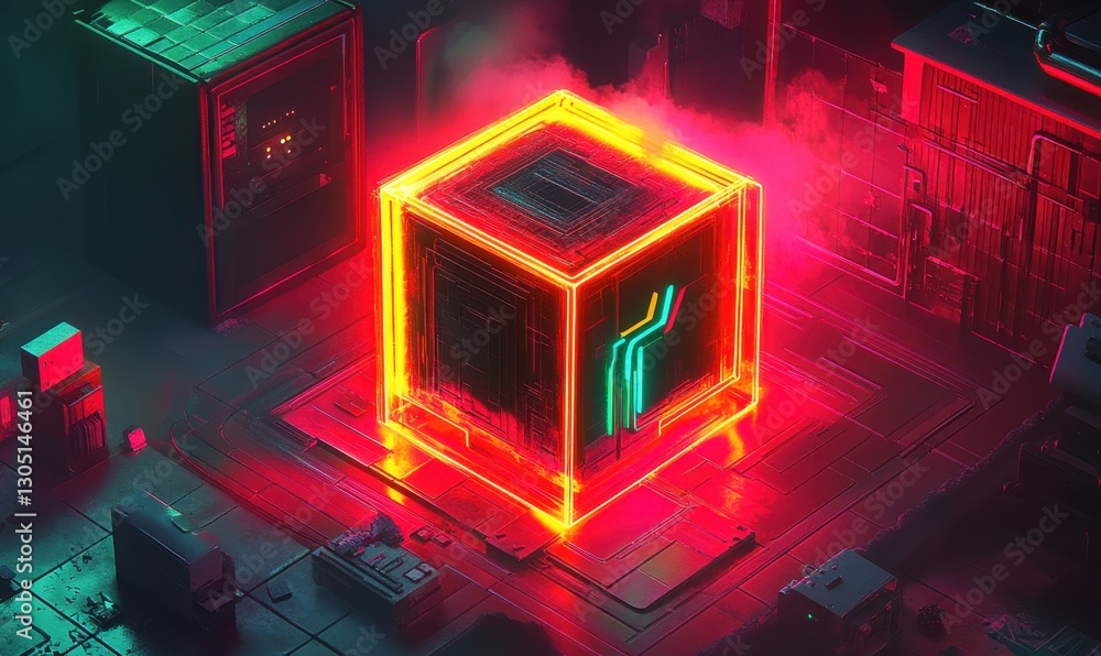 Poster glowing cube on circuit board in tech environment