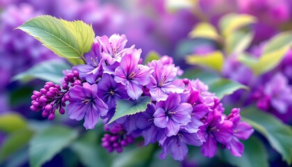 Blooming Purple Flowers with Green Leaves in a Soft Light Garden