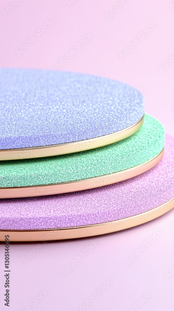 Poster three pastel colored round platforms with gold rims stacked on a pink background. close up view show