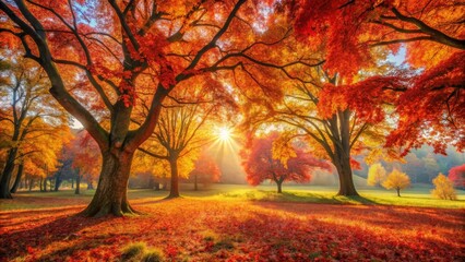 Fototapeta premium Golden Autumn Sunlight Illuminates Vibrant Fall Foliage in a Picturesque Park Setting