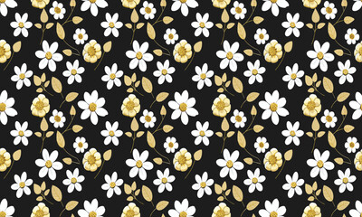 Seamless floral pattern with white and golden flowers and leaves on a black background,