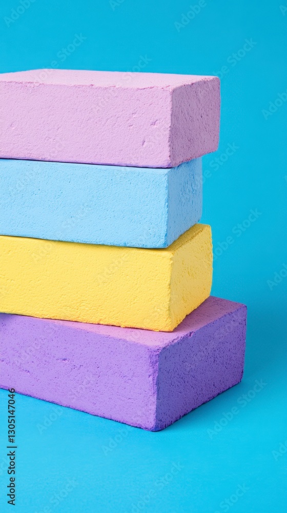 Aufkleber stack of four pastel colored rectangular blocks against a light blue background. the blocks are shad