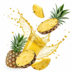 Pineapple slices with juice splashing in the air on a transparent background.
