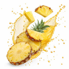 Pineapple slices with juice splashing in the air on a transparent background.