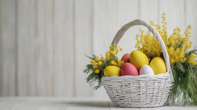 Colorful Easter eggs are placed in baskets with white wood grain as the background, decorated with mimosa flowers, and decorated for festivals and spring holidays.