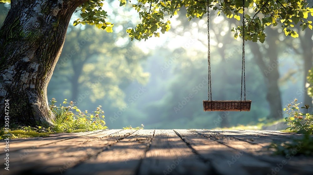 Poster empty swing hanging beneath tree on wooden path in a lush, green park