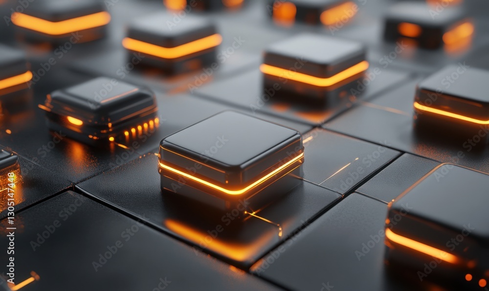 Poster glowing cubes on dark grid, tech background, abstract design element