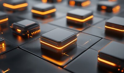 Glowing cubes on dark grid, tech background, abstract design element
