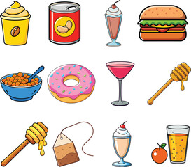 Cartoon Style Food and Drink Icons Set