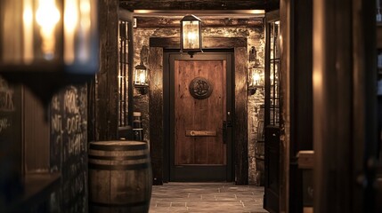 Mysterious Dark Wooden Corridor Leading to Antique Door in Historic Building