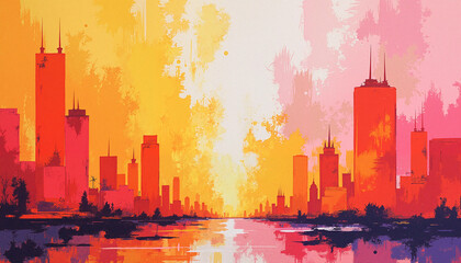 Fototapeta premium Vibrant city skyline at sunset, abstract urban expression