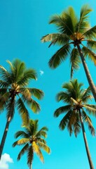 Lush green palms sway gently in a vibrant blue sky, relaxing, nature