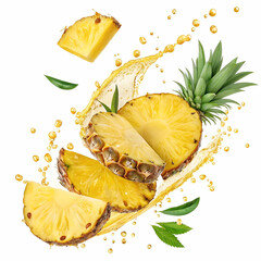 Pineapple slices with juice splashing in the air on a transparent background.