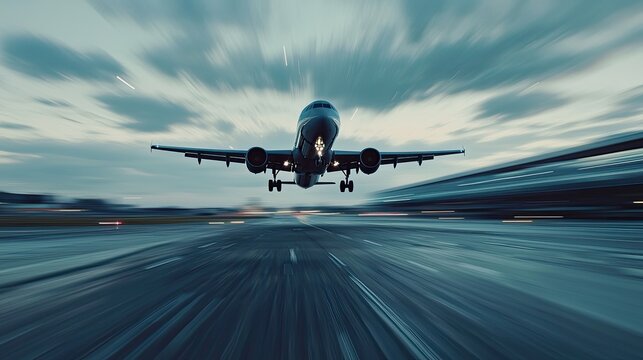 A passenger plane taking off from the runway with motion blur.