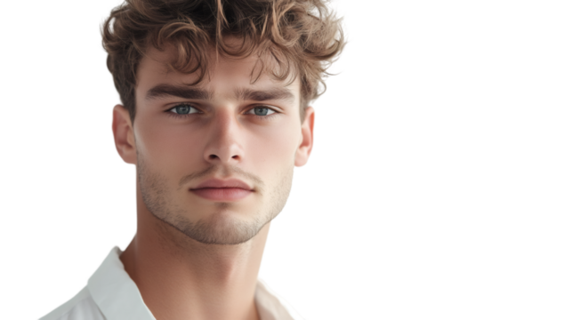 Professional businessman with curly hair and blue eyes, wearing crisp white shirt, displaying confident demeanor in close-up portrait