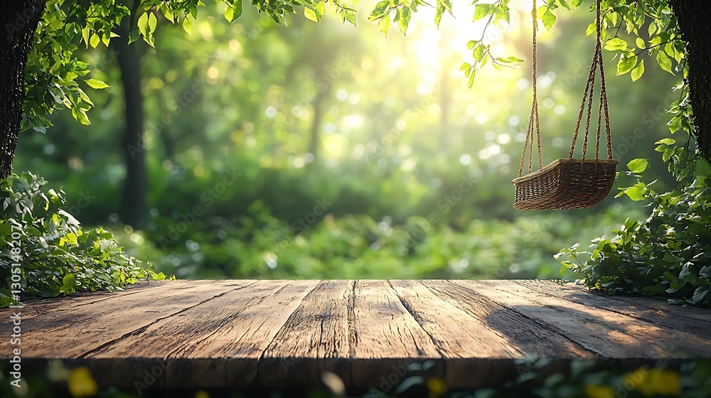 Poster empty wooden table in a lush forest with swing and sun-dappled background