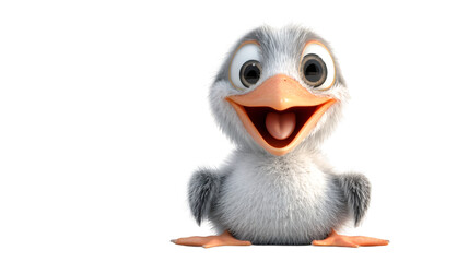 Obraz premium 3D rendering of baby seagull chick perching cheerfully, sporting playful smile against transparent backdrop, exuding pure joy