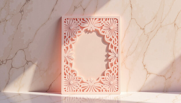 Elegant laser cut wedding invitation on marble background, minimalism