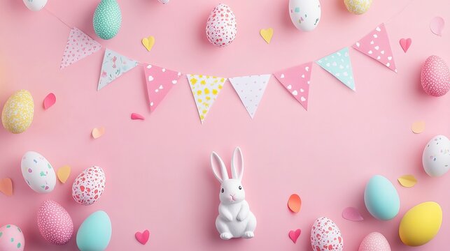 Colorful Easter celebration with bright Easter eggs and lively rabbits, set against a soft pink background. Very suitable for holiday decoration, holiday greetings, and spring themes.