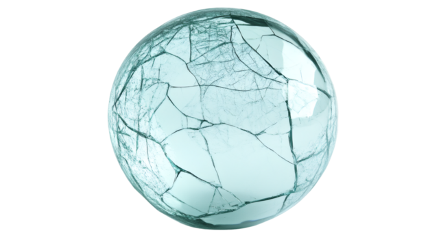 Broken glass sphere exploding on transparent background, representing destruction, fragility and danger
