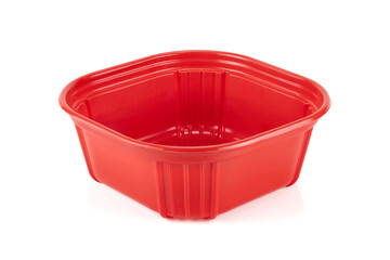 Red square plastic bowl with rounded edges isolated on white background with clipping path.