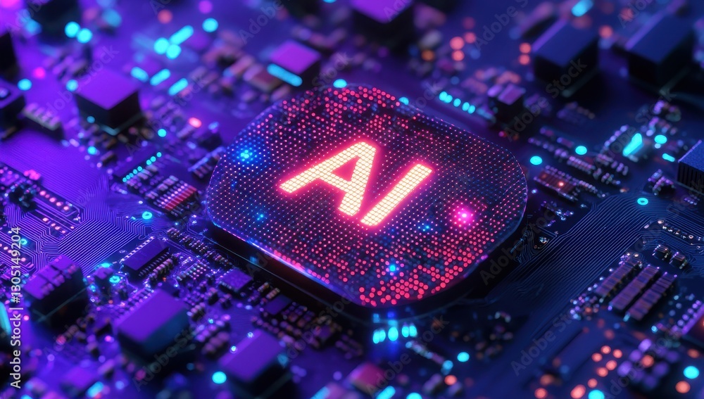 Poster close-up of a circuit board featuring glowing ai chip with vibrant colors and intricate electronic c