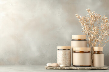 Eco friendly packaging with jars, stones, and dried flowers creates serene atmosphere