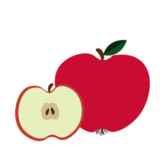 Simple red apple with green leaf and half apple showing seeds on white background