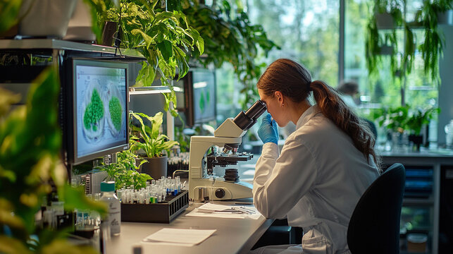 Scientist studying plant samples under microscope in modern laboratory.