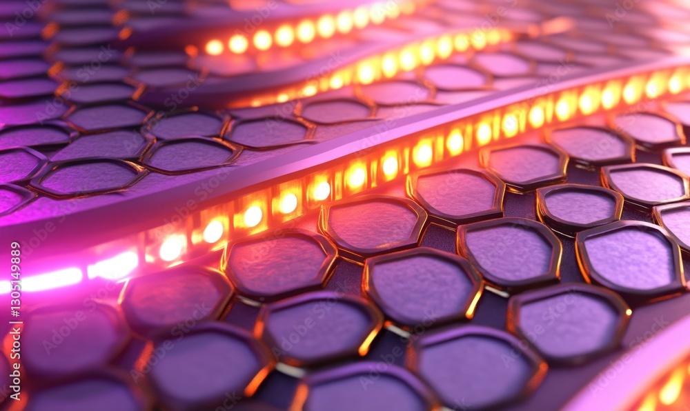 Aufkleber glowing lights on hexagonal surface, abstract tech background
