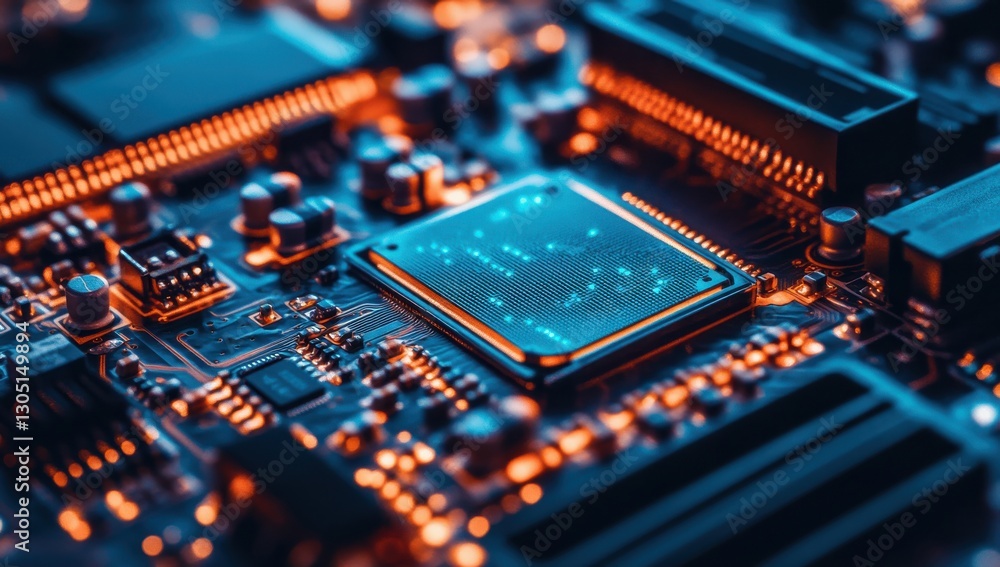 Aufkleber close-up of a high-tech circuit board with intricate details and illuminated components showcasing m