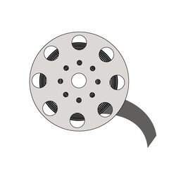 Fototapeta premium Vintage film reel with unwinding tape on white background, classic cinema equipment illustration