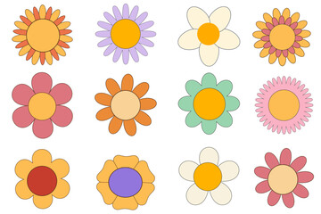 Colorful cartoon flower collection with various petal shapes and pastel colors on white background for spring design