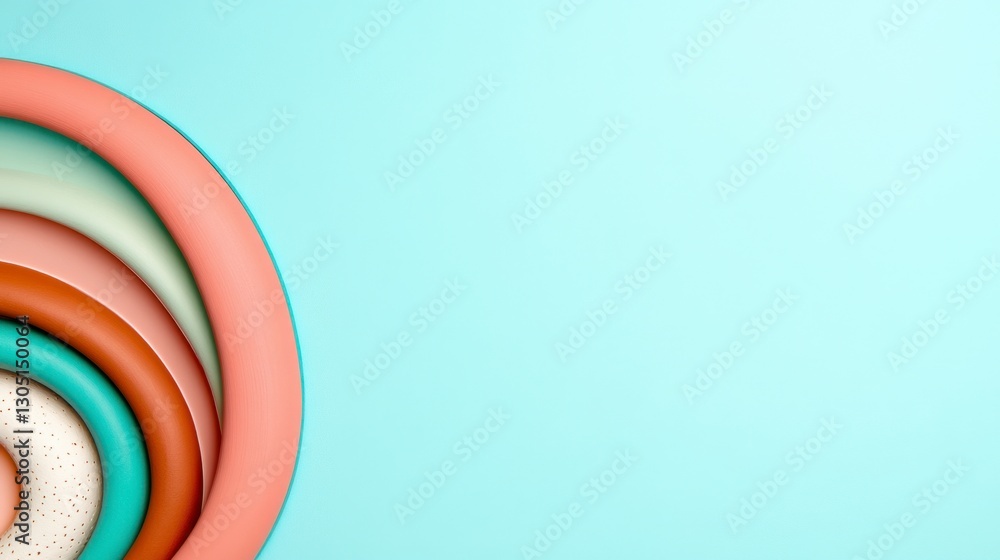 Poster pastel colored circles arranged in an arc on a light blue background, creating a modern and minimali
