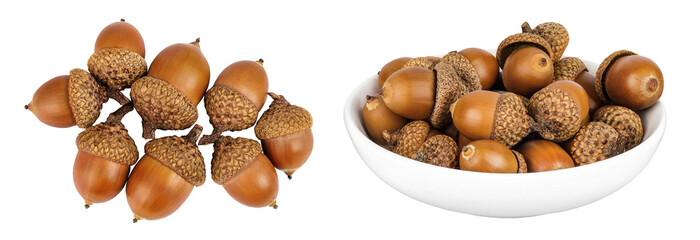Brown acorn oak nut in ceramic bowl isolated on white background. Top view. Flat lay © kolesnikovserg