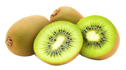 Kiwi: A close-up shot showcases the vibrant green flesh and small black seeds of fresh kiwi fruits, with a striking contrast against their fuzzy brown skin.