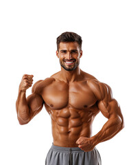 Fototapeta premium Dynamic fitness portrait of a muscular man isolated on transparent background png