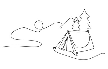 Single continuous line drawing camping site with tent bonfire and pot equipment, Camping Tent with Campfire Continuous Line Drawing with Editable Stroke and Copy Space.