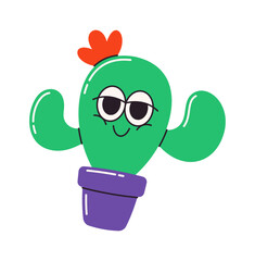Cute cartoon potted blooming cactus