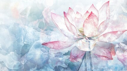 Blooming Lotus in Misty Blue Abstract.