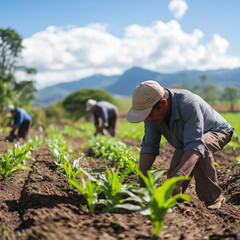 Hispanic farmer tending to young plants on a sunny day.
