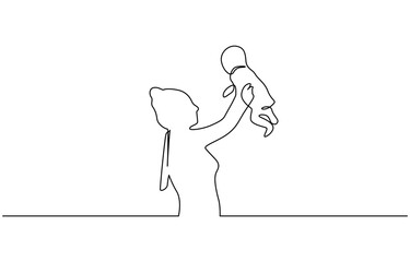 Happy Mother’s Day continuous line drawing of Mom playing with her baby, Mother holding her male child up in the air. Black linear sketch isolated on white background.