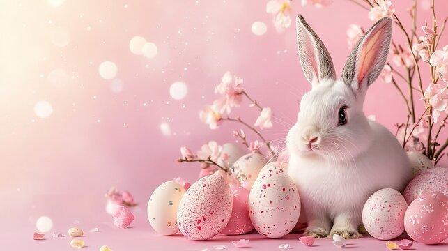 Colorful Easter celebration with bright Easter eggs and lively rabbits, set against a soft pink background. Very suitable for holiday decoration, holiday greetings, and spring themes.