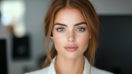 Fototapeta premium Close Up Portrait of Freckled Young Woman with Blue Eyes