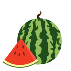 Whole watermelon with green striped rind and a fresh red slice with black seeds in flat style illustration