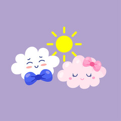 Cute fluffy clouds with happy expressions and bows under a bright sun on a pastel purple background