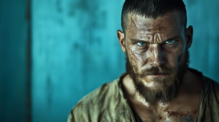 Obraz premium Intense Portrait of a Gritty Prisoner with Piercing Blue Eyes